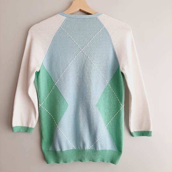 OAKLEY Argyle Intarsia Cardigan Fine Knit Sweater Button Down Green & Blue Sz XS - Picture 7 of 12